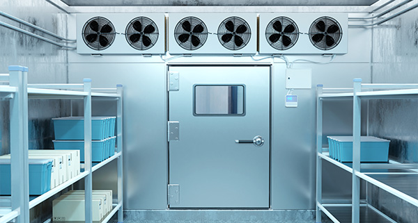 industrial refrigeration room with cooling units and storage shelves designed for optimal temperature control in food storage 2 systems and 2 shelves