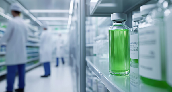 bottle of green liquid in a laboratory shelf with blurred figures in the background wearing lab coats 6 important aspects of pharmaceuticals