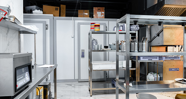 commercial kitchen with stainless steel shelves and equipment organized neatly featuring storage areas and prep stations ideal for 7 meal preparations