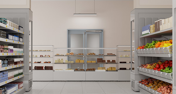interior view of a grocery store showcasing shelves filled with food items including fruits and baked goods nine snack options available