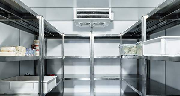 empty commercial refrigerator shelves with stainless steel framework eight storage compartments for food items